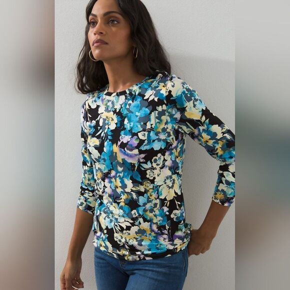 Chico's Floral Long Sleeve Scoop Neck Tee Shirt (1) - Picture 1 of 8